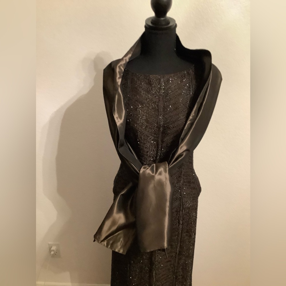 Carmen Marc Valvo collection three-piece evening gown, chocolate brown beaded